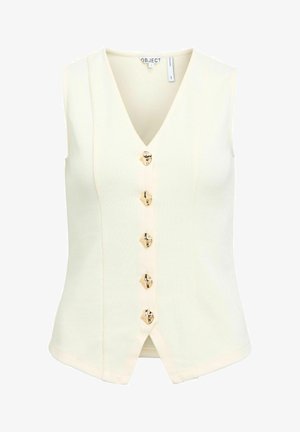 Veste sans manches en tricot couleur crème avec col en V et cinq boutons dorés irréguliers sur le devant.