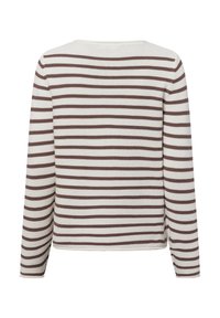 Langharig T-shirt met een gestreept patroon in beige en donkerbruin. Gebreide textuur, ronde halslijn en een licht cropped snit.