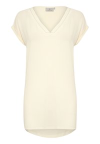 Top à manches courtes en tissu crème clair avec un col en V. Caractéristiques : coupe relaxée, ourlet légèrement arrondi et manches roulées, sans motifs visibles.