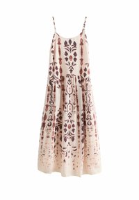 Blumenkleid mit dünnen Trägern, cremefarbenem Hintergrund und Mustern in Brauntönen. A-Linien-Form mit Stufen-Design.