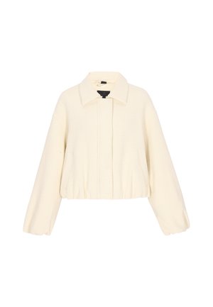 Crèmekleurig cropped jasje met lange mouwen, kraag, elastische zoom en voorzakken.