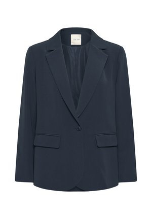 Blazer blu navy a un bottone con rever, due tasche frontali a patta e fodera interna liscia, presentato su uno sfondo bianco.