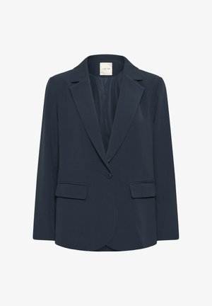 Blazer blu navy a un bottone con rever, due tasche frontali a patta e fodera interna liscia, presentato su uno sfondo bianco.
