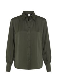 Camicia verde scuro a manica lunga con bottoni sul davanti, colletto e maniche a palloncino. Tessuto liscio con una vestibilità comoda e orlo arrotondato.