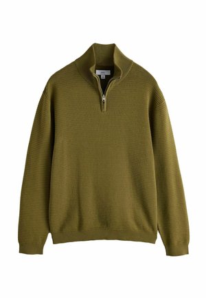 Olivgrüner gerippter Strickpullover mit langen Ärmeln und kurzem silberfarbenem Reißverschluss am hohen Kragen, Größe M.