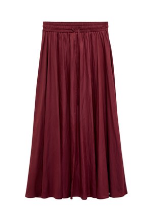 Jupe marron longueur cheville avec taille froncée et cordon de serrage, confectionnée en tissu léger et fluide.