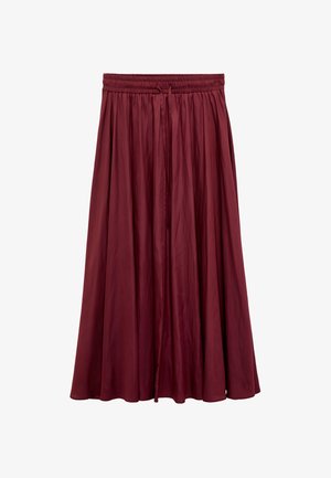 Falda marrón hasta el tobillo con cintura fruncida y cordón, hecha de tela ligera y fluida.