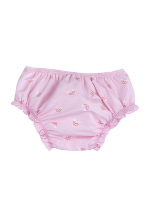 Różowe spodenki z tkaniny z elastycznym pasem i falbankami na krawędziach, ozdobione małymi, kolorowymi wzorami tęczy na całej powierzchni.