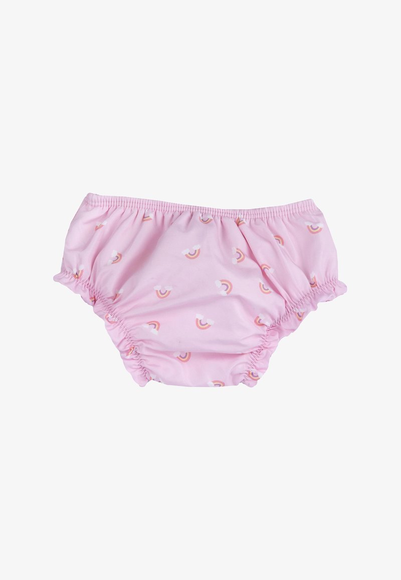 Culottes en tissu rose avec taille élastiquée et bords volantés, ornées de petits motifs arc-en-ciel multicolores sur toute la surface.