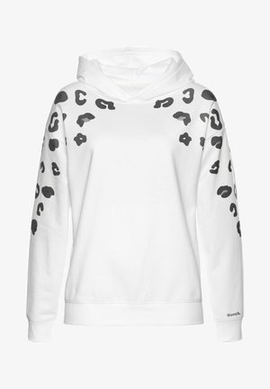 Hvid hættetrøje med sorte leopardpletter på skuldre og ærmer, ribbet manchetter og kant samt lille "Bench."-logo på venstre ærme.