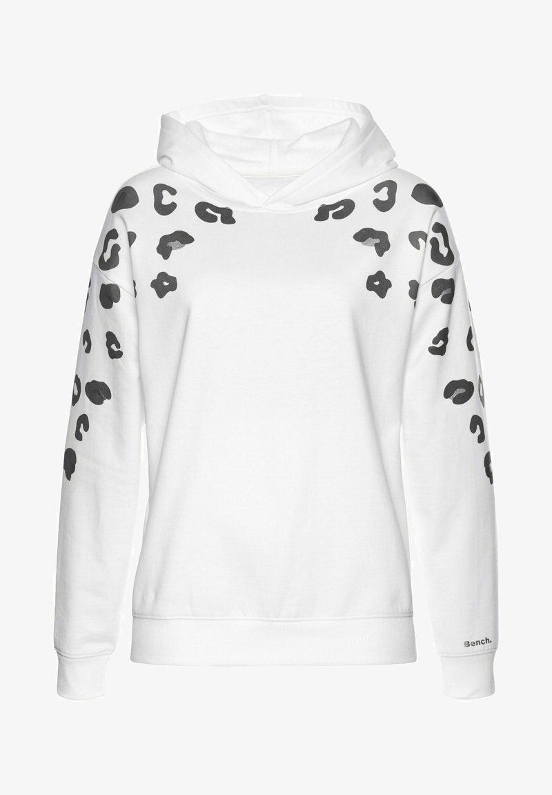 Sweat à capuche blanc avec taches de léopard noires sur les épaules et les manches, poignets et ourlet côtelés, et petit logo "Bench." sur la manche gauche.