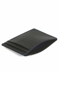 Portafoglio in pelle nera con cuciture blu, dotato di più scomparti per carte e una superficie testurizzata. Design compatto che facilita la conservazione.