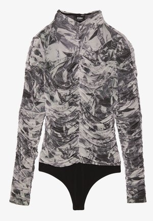 Bodysuit z dolgimi rokavi, s smrečastim dizajnom v enobarvnih odtenkih, izdelan iz sijoče, teksturirane tkanine s trdim črnim spodnjim delom.
