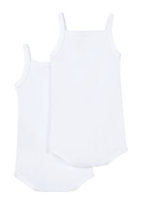Duas camisetas brancas de algodão com alças finas, design sem costuras e borda inferior arredondada. Textura suave e sem padrões visíveis.