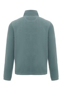 Fleecejakke i dæmpet teal med lange ærmer og høj krave. Glat tekstur, ingen synlige lukninger eller mønstre på ryggen.