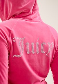Roze fluwelen hooded jack met een glanzend rhinestone "Juicy" logo op de rug, met een zachte textuur en een aansluitend ontwerp.