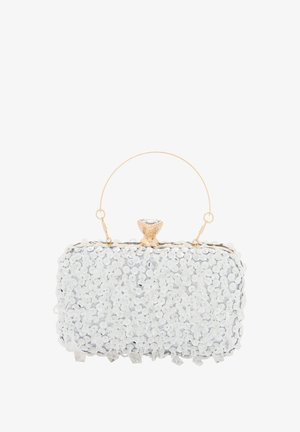 Zilveren glinsterende clutchbag met een rechthoekige vorm, gouden hardware, een bovenhandvat en een juweelachtige sluiting. Heeft een gestructureerd oppervlak.