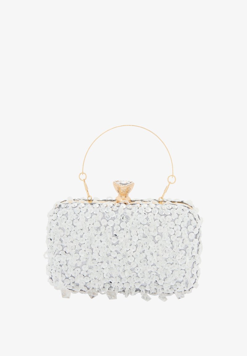 Srebrna torebka kopertówka z cekinami w kształcie prostokąta, z złotymi detalami, górną rączką i zapięciem w formie klejnotu. Posiada fakturowaną powierzchnię.