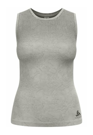 Light gray sleeveless top with a textured pattern, featuring breathable mesh sections, finished with a logo at the hem.