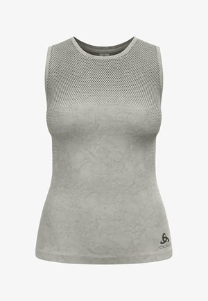 Light gray sleeveless top with a textured pattern, featuring breathable mesh sections, finished with a logo at the hem.