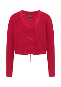 Röd stickad cardigan med långa ärmar, spetsdetaljer längs halsringningen och knytning framtill. Kort längd och texturerad tyg.