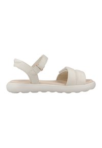 Sandalias ligeras blancas hechas de material sintético con una plantilla acolchada, que cuentan con dos correas anchas y una correa trasera con hebilla.