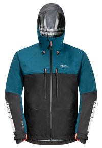 Veste d'extérieur avec capuche et manches bleues, poitrine et bas noirs, fermeture éclair devant, deux poches verticales zippées et marquages réfléchissants sur les manches.