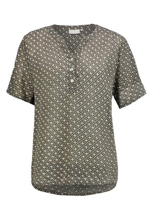 Short-sleeve blouse in dark green with a geometric pattern; features a V-neckline and four buttons at the front; lightweight, textured fabric.