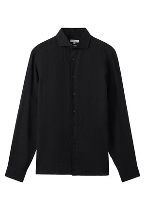Chemise noire à manches longues avec boutons et col, design simple et boutons visibles sur le devant de la marque Reiss.