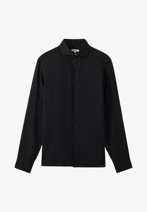 Chemise noire à manches longues avec boutons et col, design simple et boutons visibles sur le devant de la marque Reiss.