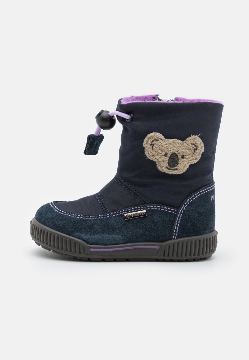 Botte d'hiver pour enfants en bleu marine avec doublure violette, cordon réglable, semelle texturée et visage de koala brodé sur le côté.