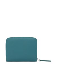 Teal leather wallet, rectangular shape, zip closure, smooth texture, and a side pull tab for accessibility. Minimalist design, no visible hardware.