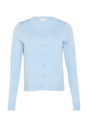 Light blue, long-sleeve buttoned cardigan with a round neckline and ribbed cuffs, displayed on a white background.