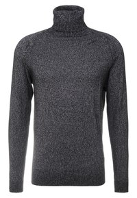 Pull col roulé gris foncé en tissu tricoté texturé. Il présente des manches longues et une coupe ajustée avec un détail de couture minimaliste.