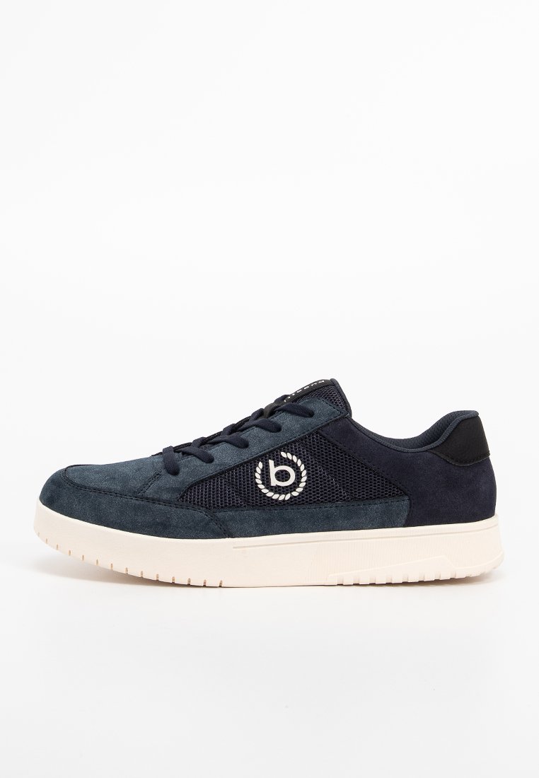 Sneaker casual blu scuro con pannelli in rete e suede, logo circolare bianco sul lato, lacci neri e suola spessa in gomma bianca.