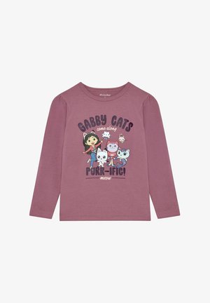 Langärmliges, lavendelfarbenes Baumwoll-T-Shirt mit einem bunten Druckdesign von Charakteren und Katzen sowie dem Text "Gabby Cats purr-ific! meow."