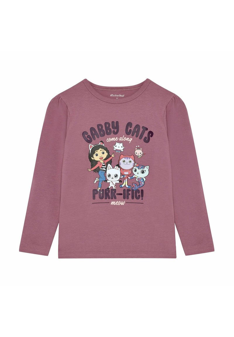 Langärmliges, lavendelfarbenes Baumwoll-T-Shirt mit einem bunten Druckdesign von Charakteren und Katzen sowie dem Text "Gabby Cats purr-ific! meow."