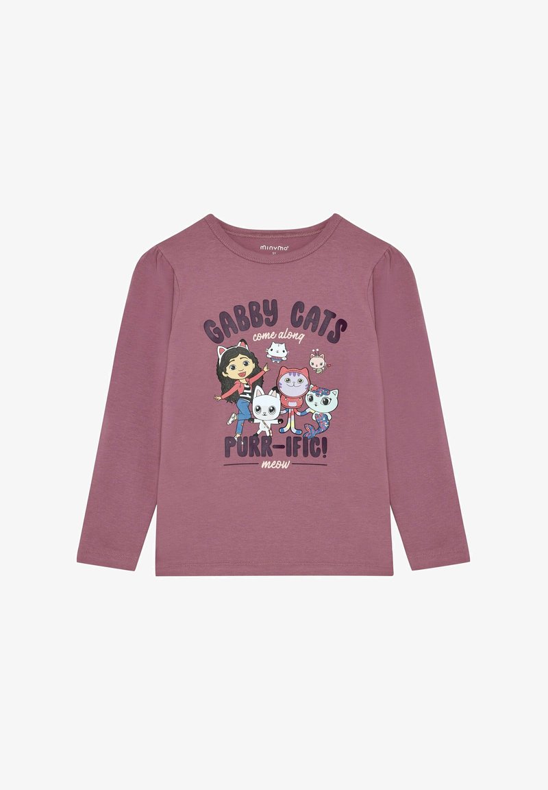 Langärmliges, lavendelfarbenes Baumwoll-T-Shirt mit einem bunten Druckdesign von Charakteren und Katzen sowie dem Text "Gabby Cats purr-ific! meow."