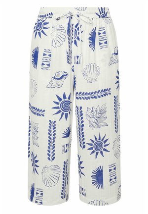 Witte broek met brede pijpen met blauwe zon-, schelp-, blad- en geometrische patronen, voorzien van een elastische taille en een strik aan de voorkant.