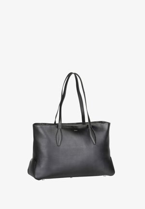 Borsa tote in pelle nera con doppi manici a spalla, chiusura con cerniera e logo del marchio discreto sulla parte anteriore.
