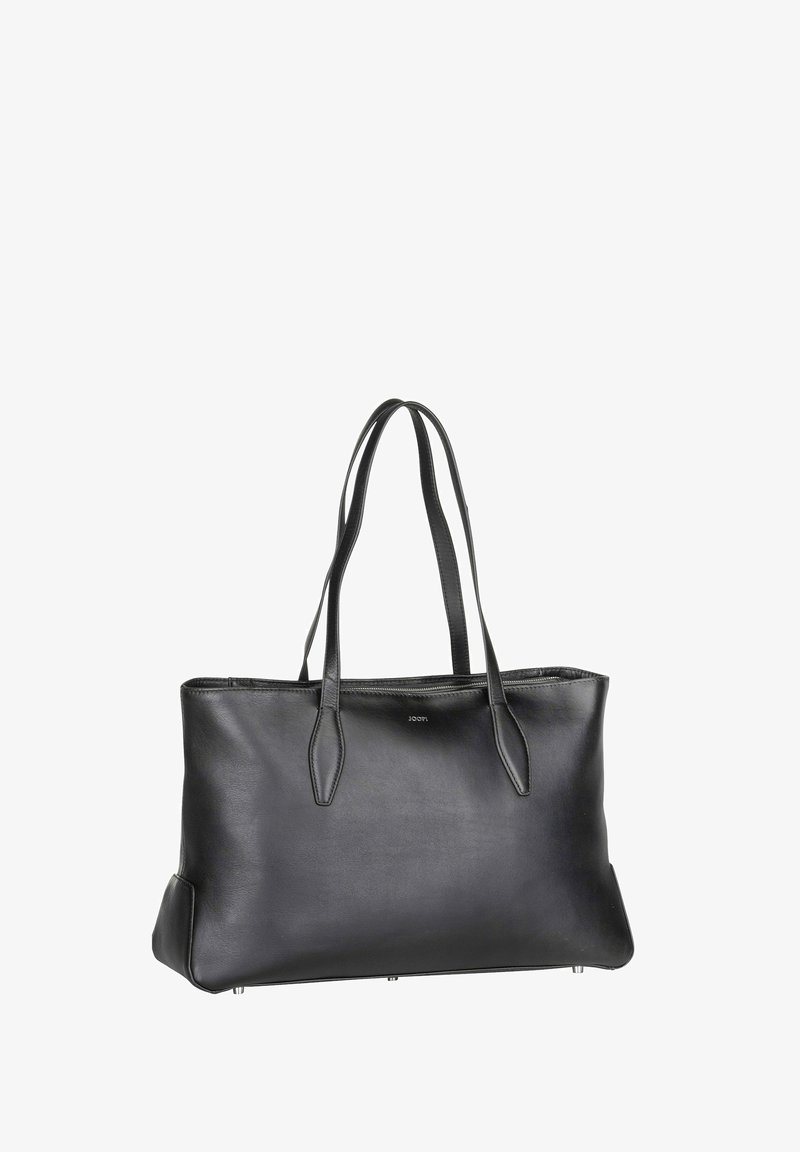 Black leather tote bag with double shoulder straps, zipper closure, and subtle brand logo on front.