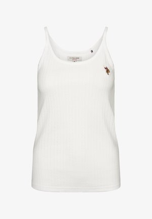 Valge soonikkoega tank-top, õhukeste rihmadega ja väikese tikandiga polo mängija logoga rinnal, sildiga U.S. Polo Assn. kaeluse sees.