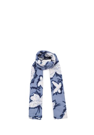 Sciarpa blu e bianca con motivo floreale, realizzata in morbido tessuto con bordi frangiati, che si drappeggia elegantemente a forma di loop.