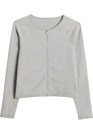 Light gray ribbed cardigan with long sleeves and a rounded neckline, featuring a front zipper and a cropped hem.