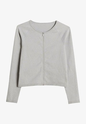 Hellgrauer gerippter Cardigan mit langen Ärmeln und einem runden Ausschnitt, der einen Frontreißverschluss und einen verkürzten Saum hat.