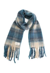 Zachte, blauw- en beige gradient geweven sjaal met franjes aan de uiteinden en een klein rechthoekig wit merklabel.