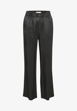 Pantalons larges noirs en tissu texturé avec un motif subtil en serpent. Taille élastique pour un confort optimal et une mise enfilage facile.