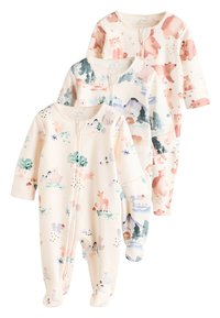 Pijama de una pieza para niños, confeccionado con tela suave en color crema claro con estampados pastel de animales y bosque. Cierre de cremallera y diseño con pies.