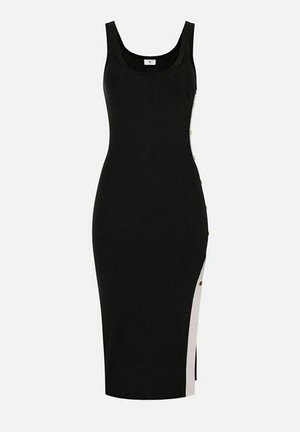 Abito midi nero senza maniche con scollo a girocollo e dettagli con bottoni dorati lungo lo spacco laterale.