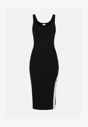 Abito midi nero senza maniche con scollo a girocollo e dettagli con bottoni dorati lungo lo spacco laterale.